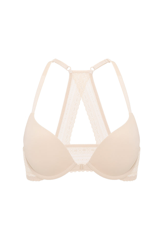 Buy Quttos PrettyCat Level 1 Push-Up Padded Underwired Demi Cup Cage  T-Shirt Bra with Net Fabric. Beige at